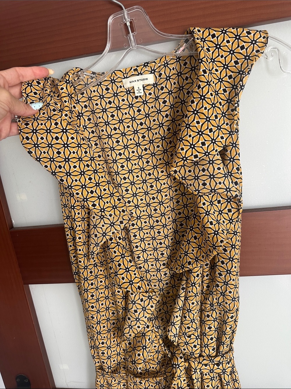 Max Studio Mustard Geometric Ruffle High-Low Skirt - Picture 3 of 7
